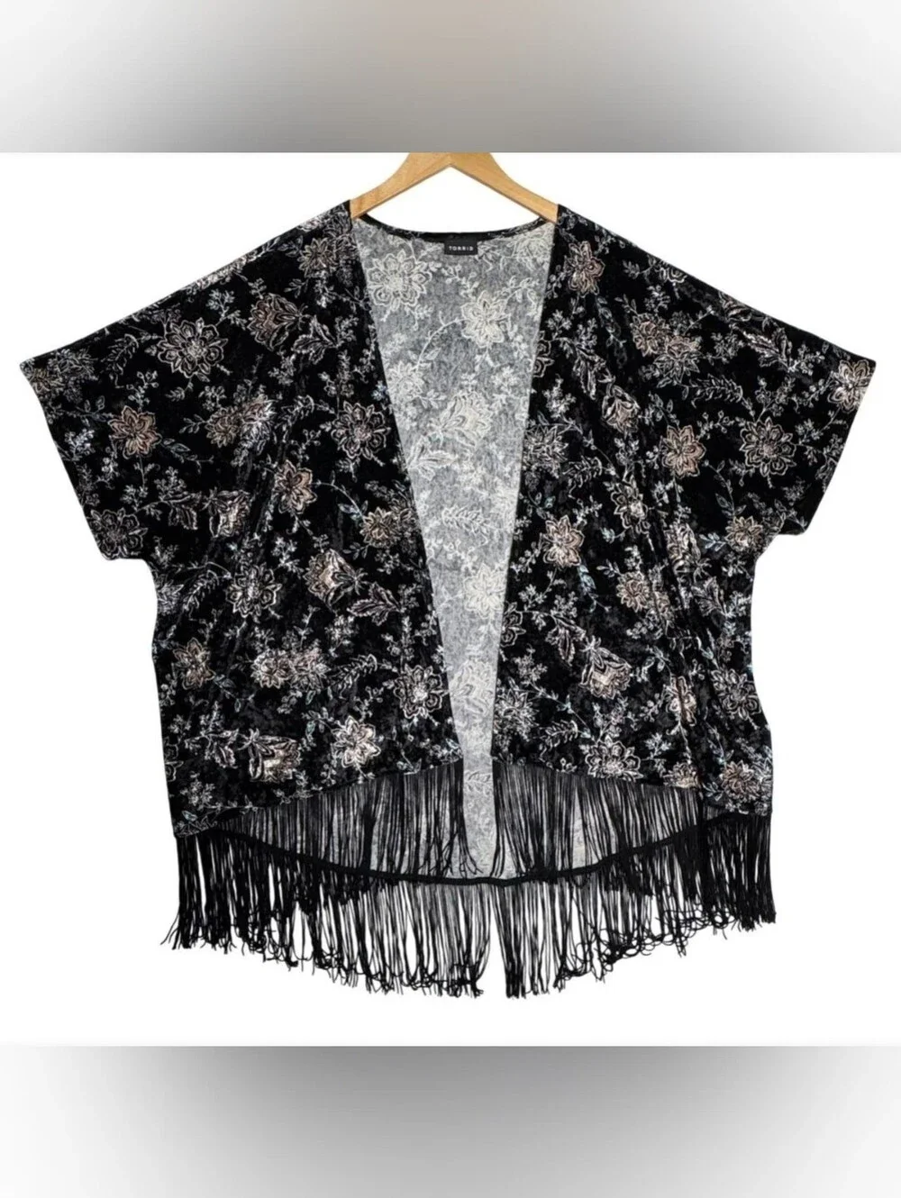 Torrid Black Velvet Burnout Floral Fringe Kimono Cardigan Size 3X